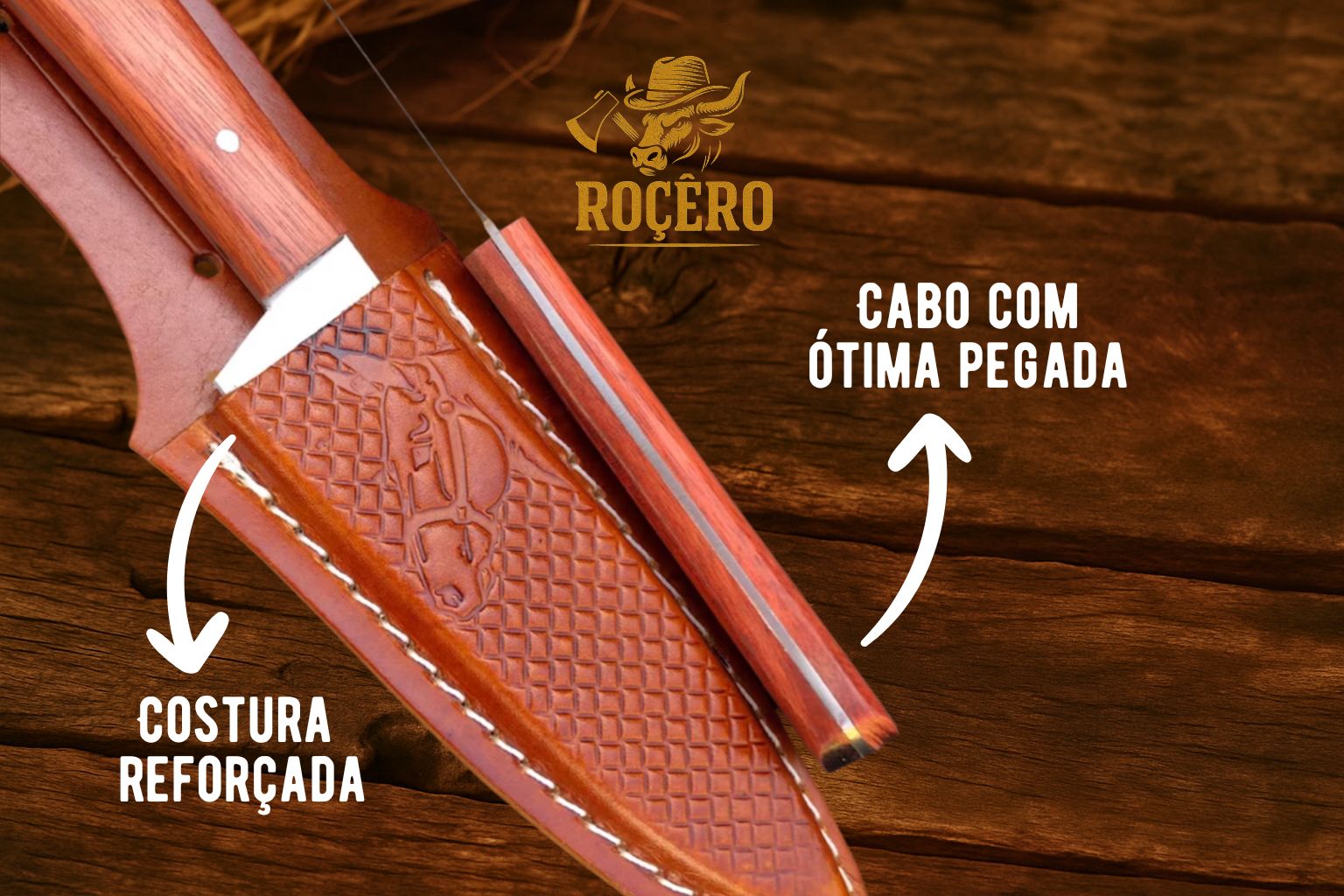 Faca AMANSA BICHO inox Artesanal - Caçador - com bainha de couro legítimo - Edição Rocêro