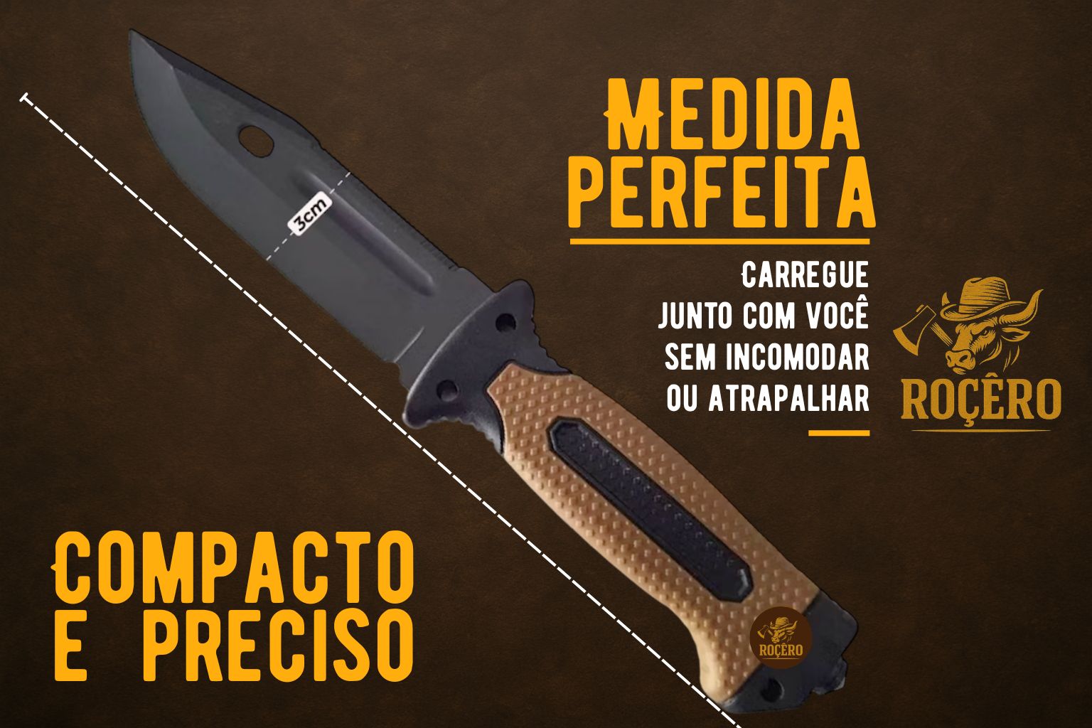 FACA PÉ NA TRILHA 7 EM 1 - faca esportiva sobrevivência, caça, pesca com Bainha, Apito, Amolador, Pederneira - Edição Rocêro