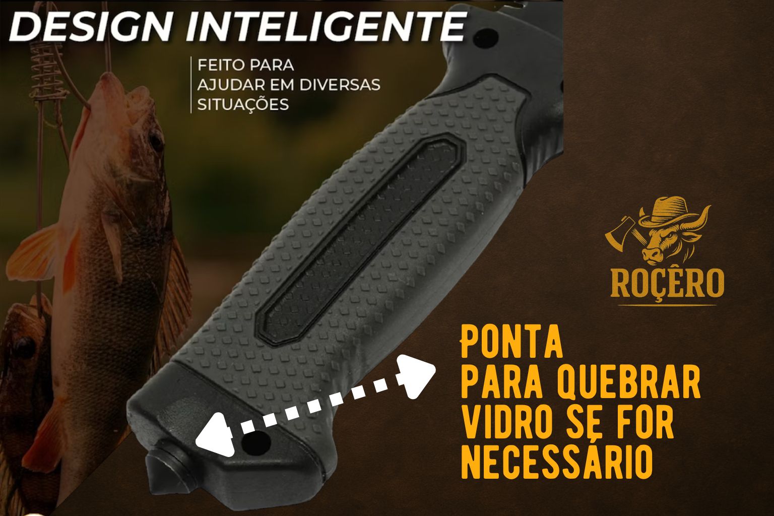 FACA PÉ NA TRILHA 7 EM 1 - faca esportiva sobrevivência, caça, pesca com Bainha, Apito, Amolador, Pederneira - Edição Rocêro