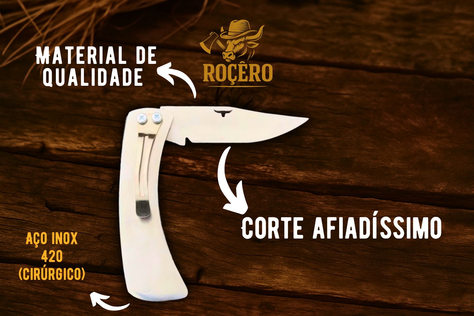 Canivete BICHO SOLTO de Bolso cromado Inox 420 Madeira Artesanal com Presilha – Edição Roçêro