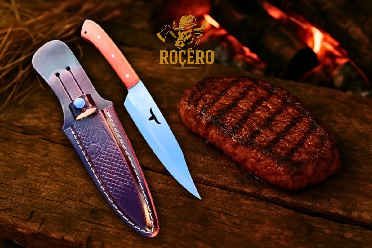 Faca AMANSA BICHO inox Artesanal - Caçador - com bainha de couro legítimo - Edição Rocêro