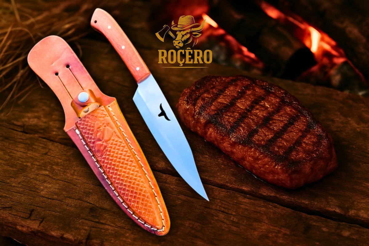 Faca AMANSA BICHO inox Artesanal - Caçador - com bainha de couro legítimo - Edição Rocêro