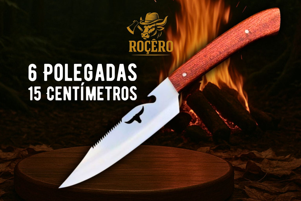 Faca CAÇADOR Inox Artesanal com Abridor, Serra e Bainha de Couro – Afiada pra Churrasco e Pesca