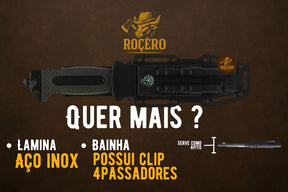 FACA PÉ NA TRILHA 7 EM 1 - faca esportiva sobrevivência, caça, pesca com Bainha, Apito, Amolador, Pederneira - Edição Rocêro